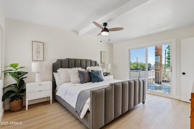 6001 N 10th Way, Phoenix, AZ 85014 - bedroom with light wood-style floors, access to exterior, ceiling fan, and beam ceiling