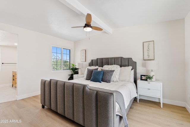 6001 N 10th Way, Phoenix, AZ 85014 - bedroom featuring light wood finished floors, beam ceiling, baseboards, and a ceiling fan