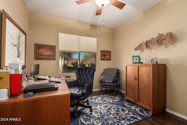 home office featuring dark hardwood / wood-style floors and ceiling fan