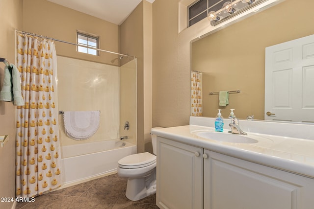 full bathroom with tile patterned flooring, vanity, toilet, and shower / bath combo with shower curtain