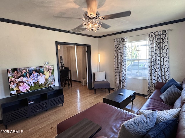 1222 E Almeria Rd, Phoenix, AZ 85006 - living room with ceiling fan, ornamental molding, wood finished floors, and baseboards
