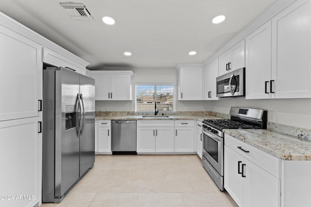 kitchen featuring light stone countertops, sink, white cabinetry, and stainless steel appliances