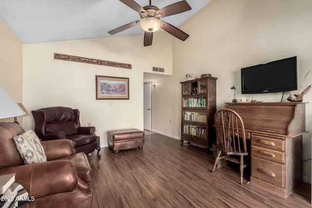 living room with ceiling fan, high vaulted ceiling, a textured ceiling, and hardwood / wood-style floors