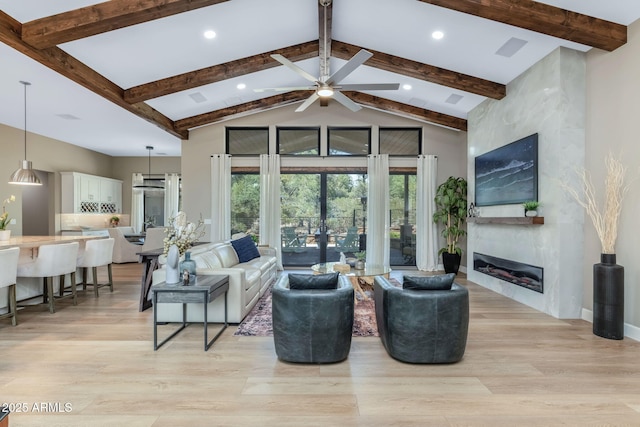 1002 W Rock Springs Cir, Payson, AZ 85541 - living room featuring a ceiling fan, light wood-style floors, a fireplace, recessed lighting, and french doors