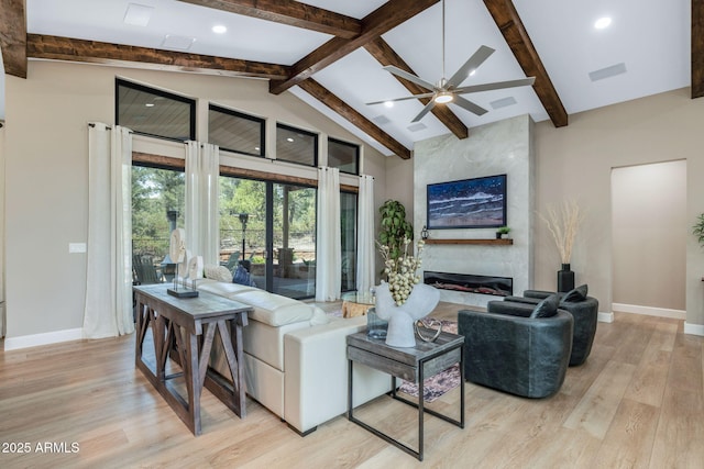 1002 W Rock Springs Cir, Payson, AZ 85541 - living area featuring light wood-type flooring, baseboards, recessed lighting, a ceiling fan, and a large fireplace