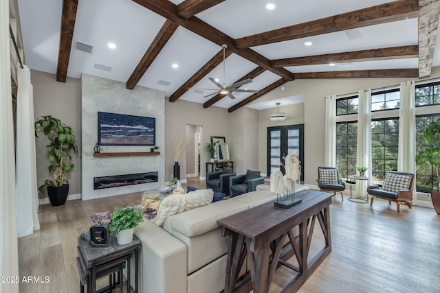 1002 W Rock Springs Cir, Payson, AZ 85541 - living room featuring a fireplace, wood finished floors, a ceiling fan, recessed lighting, and baseboards
