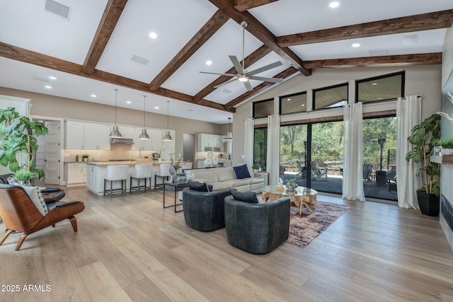 1002 W Rock Springs Cir, Payson, AZ 85541 - living room featuring high vaulted ceiling, ceiling fan, beam ceiling, light wood finished floors, and recessed lighting