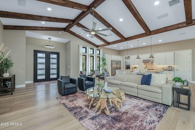1002 W Rock Springs Cir, Payson, AZ 85541 - living room featuring light wood-type flooring, ceiling fan, recessed lighting, baseboards, and french doors