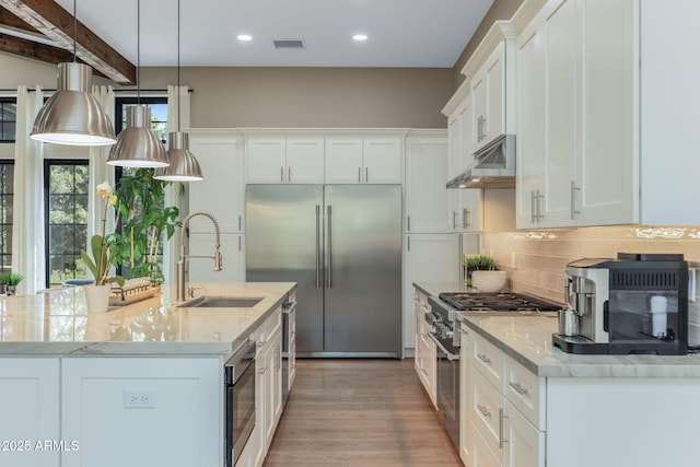 1002 W Rock Springs Cir, Payson, AZ 85541 - kitchen with built in appliances, a sink, under cabinet range hood, white cabinetry, and recessed lighting