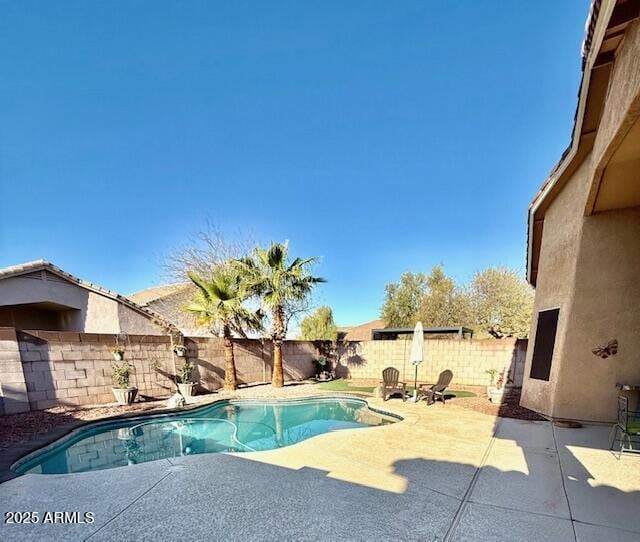 view of swimming pool featuring a fenced in pool, a patio, and a fenced backyard