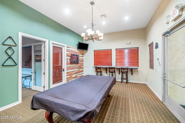 9820 N Central Ave Unit 303, Phoenix, AZ 85020 - recreation room featuring carpet, billiards table, a chandelier, baseboards, and recessed lighting