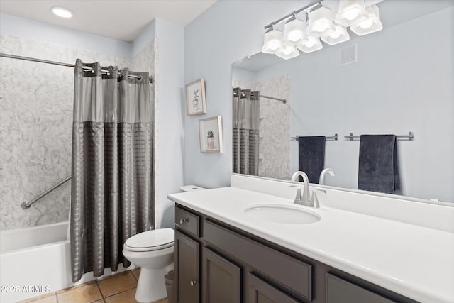 full bathroom with tile patterned floors, vanity, toilet, and shower / tub combo with curtain