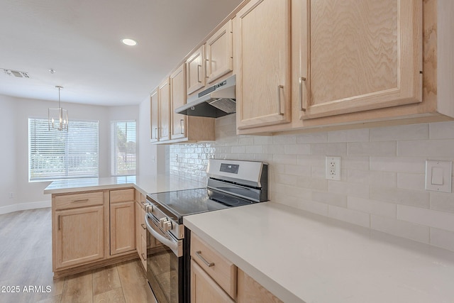 2647 N Miller Rd Unit 6, Scottsdale, AZ 85257 - kitchen with electric range, light brown cabinets, under cabinet range hood, a peninsula, and light wood finished floors