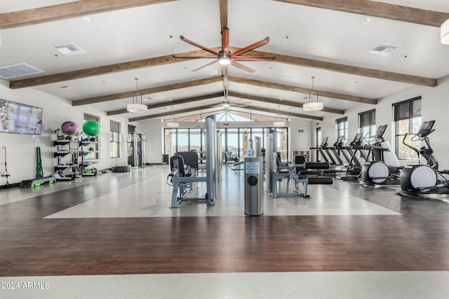 gym featuring vaulted ceiling and ceiling fan