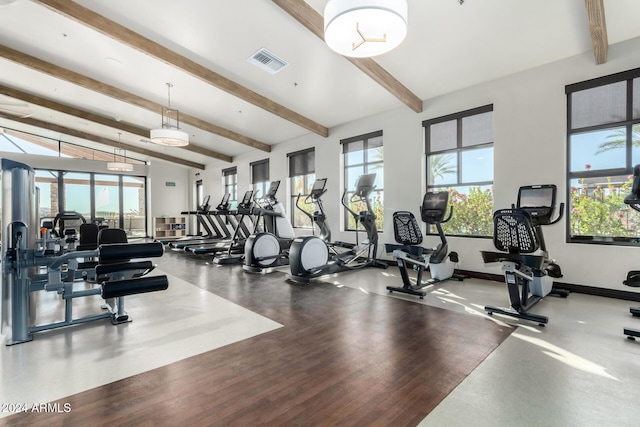 exercise room featuring wood-type flooring and lofted ceiling