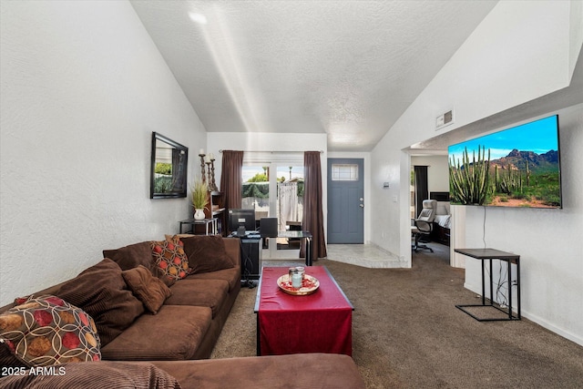 3551 N 12th St Unit 101, Phoenix, AZ 85014 - living room with carpet flooring, a textured ceiling, a textured wall, and high vaulted ceiling