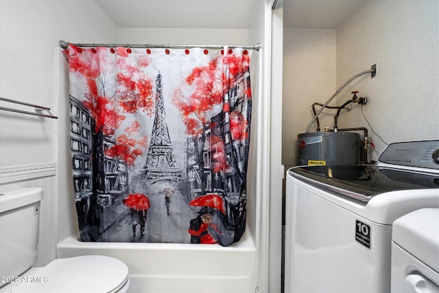 3551 N 12th St Unit 101, Phoenix, AZ 85014 - full bath featuring washer / clothes dryer, electric water heater, shower / bath combo with shower curtain, and a textured wall