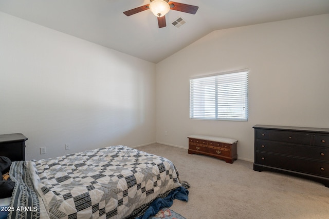 1956 N Hubbard Ln, Casa Grande, AZ 85122 - bedroom featuring light colored carpet, ceiling fan, visible vents, and lofted ceiling