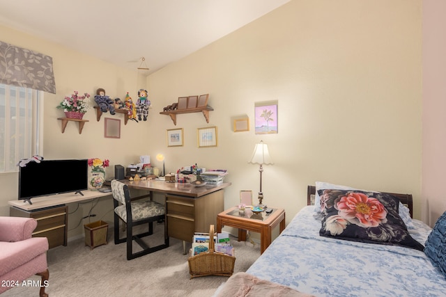 carpeted bedroom featuring lofted ceiling