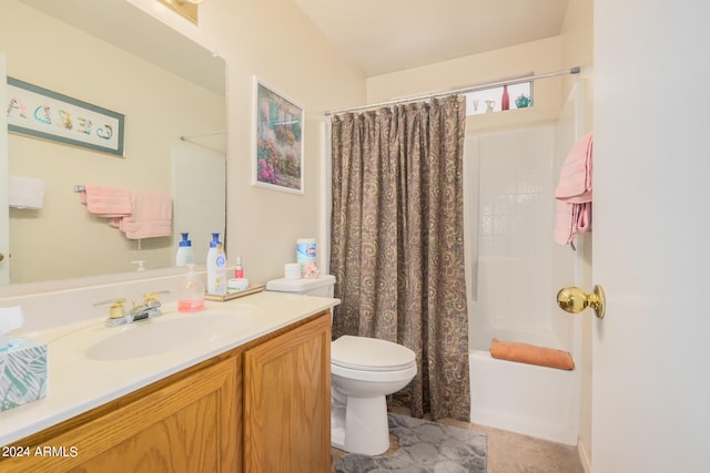 full bathroom with tile patterned flooring, shower / tub combo with curtain, toilet, and vanity