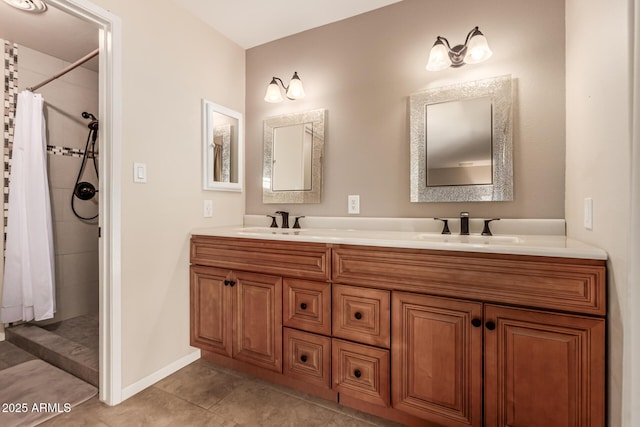 4245 E Yawepe St, Phoenix, AZ 85044 - full bath featuring double vanity, a tile shower, tile patterned flooring, and a sink