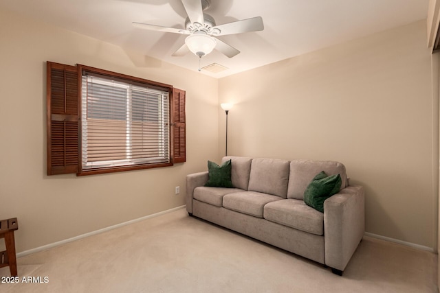 4245 E Yawepe St, Phoenix, AZ 85044 - living area with baseboards, a ceiling fan, visible vents, and light carpet