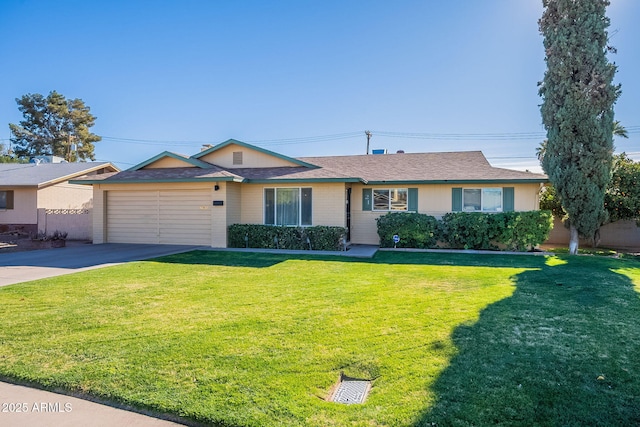 ranch-style home with a garage and a front yard