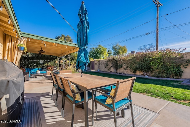 view of patio / terrace featuring ceiling fan, grilling area, and outdoor lounge area