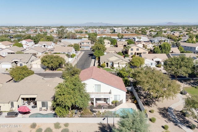 drone / aerial view featuring a mountain view