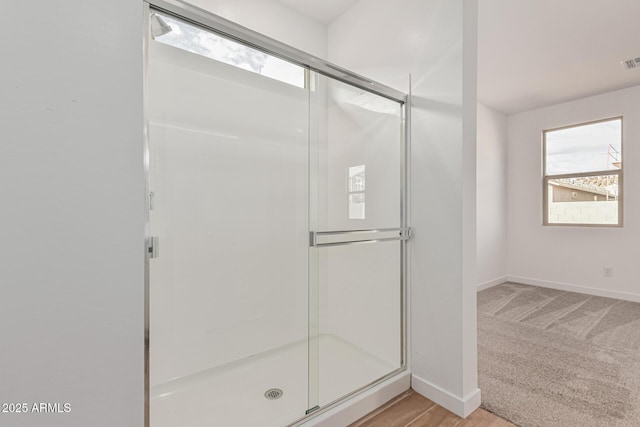 bathroom with a shower with shower door and a wealth of natural light