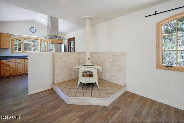 unfurnished dining area with vaulted ceiling, a wood stove, dark hardwood / wood-style flooring, and plenty of natural light