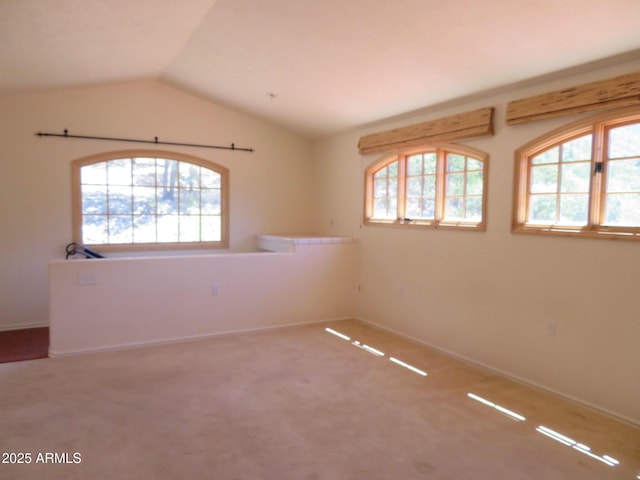 unfurnished room with carpet floors, a healthy amount of sunlight, and lofted ceiling