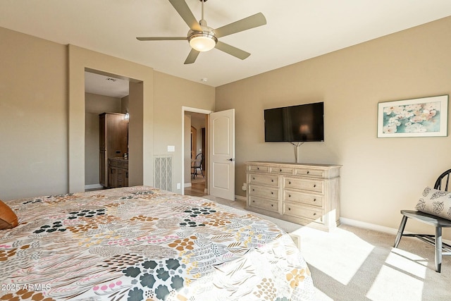 carpeted bedroom featuring ceiling fan