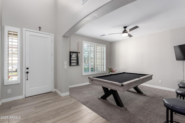 game room featuring baseboards, pool table, and ceiling fan