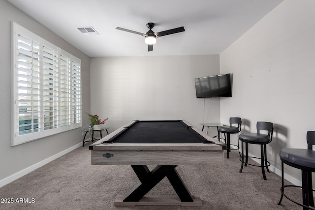 recreation room with billiards, visible vents, a ceiling fan, carpet floors, and baseboards