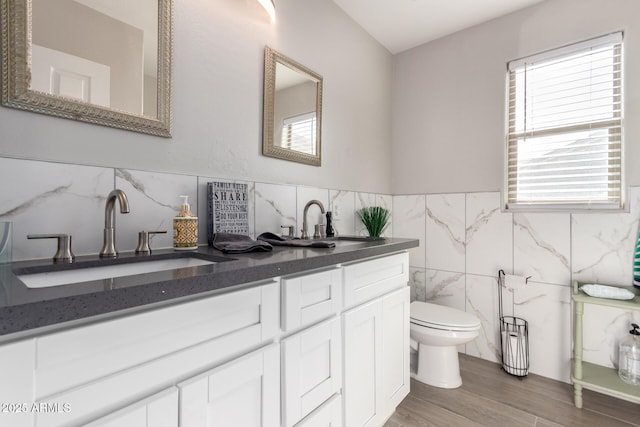 bathroom featuring toilet, a healthy amount of sunlight, a sink, and tile walls