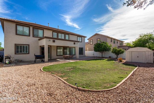 rear view of property with a fenced backyard, stucco siding, a shed, an outbuilding, and a patio
