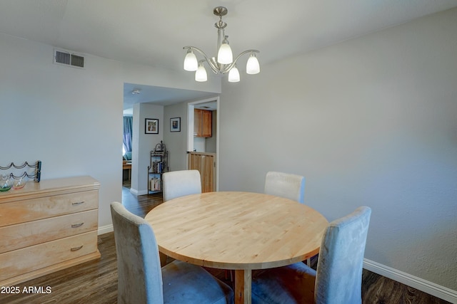 dining space featuring dark wood-type flooring and a notable chandelier