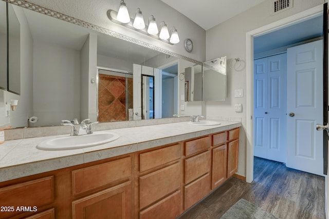 bathroom featuring vanity and hardwood / wood-style floors