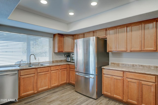 kitchen with sink, a tray ceiling, stainless steel appliances, and light hardwood / wood-style floors