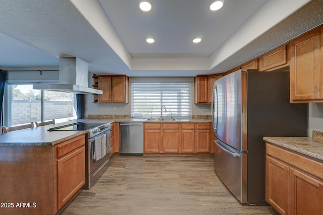 kitchen with stainless steel appliances, island exhaust hood, light wood-type flooring, and a tray ceiling