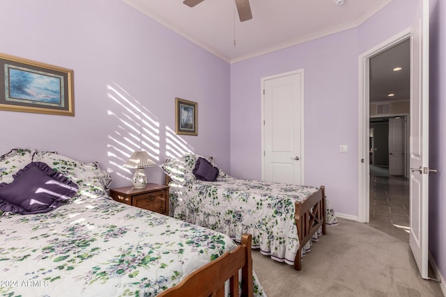 bedroom featuring light colored carpet, ceiling fan, and ornamental molding