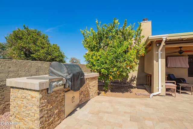 view of patio / terrace with ceiling fan and area for grilling