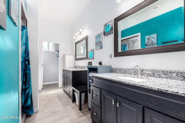 full bathroom featuring baseboards, two vanities, a sink, and wood finished floors