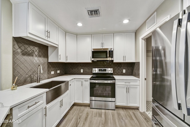 16 W Encanto Blvd Unit 22, Phoenix, AZ 85003 - kitchen with stainless steel appliances, a sink, white cabinets, backsplash, and recessed lighting