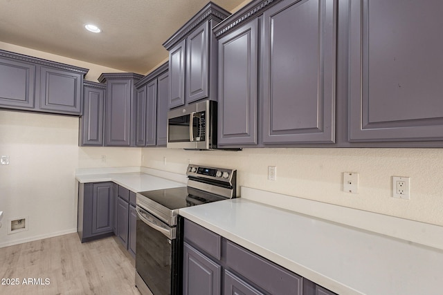 kitchen with gray cabinetry, light wood-type flooring, and appliances with stainless steel finishes