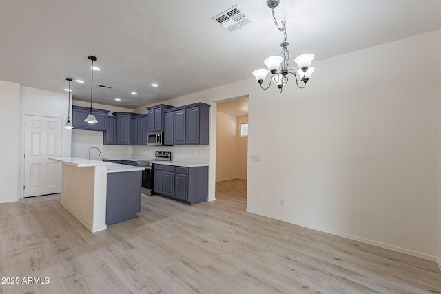 kitchen with pendant lighting, stainless steel appliances, light hardwood / wood-style floors, and an island with sink