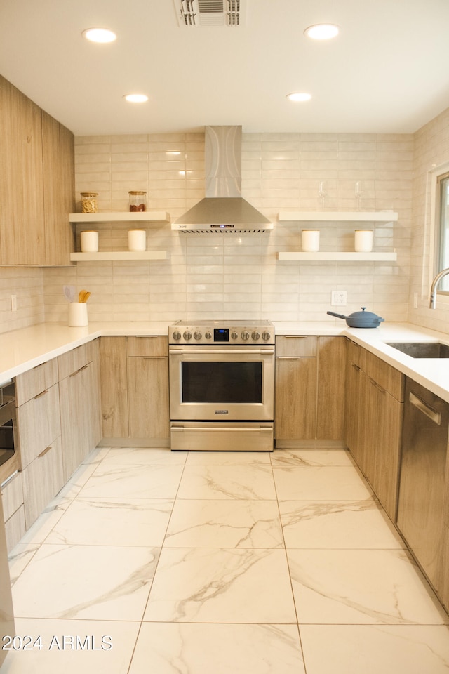 kitchen with backsplash, sink, wall chimney range hood, and stainless steel appliances