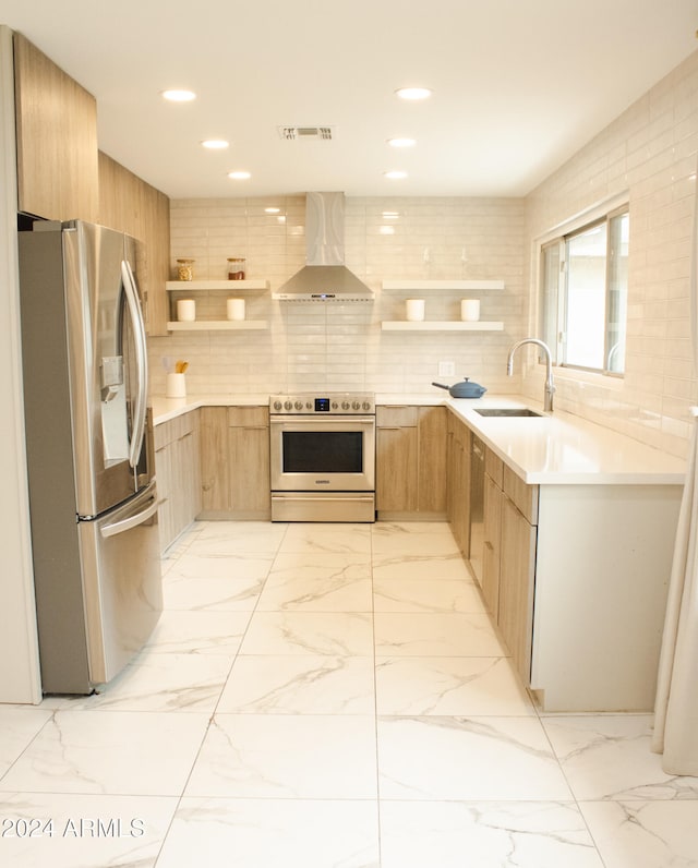 kitchen with backsplash, sink, wall chimney exhaust hood, and appliances with stainless steel finishes