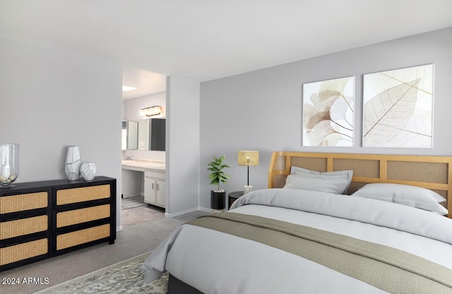 bedroom featuring light colored carpet and ensuite bath